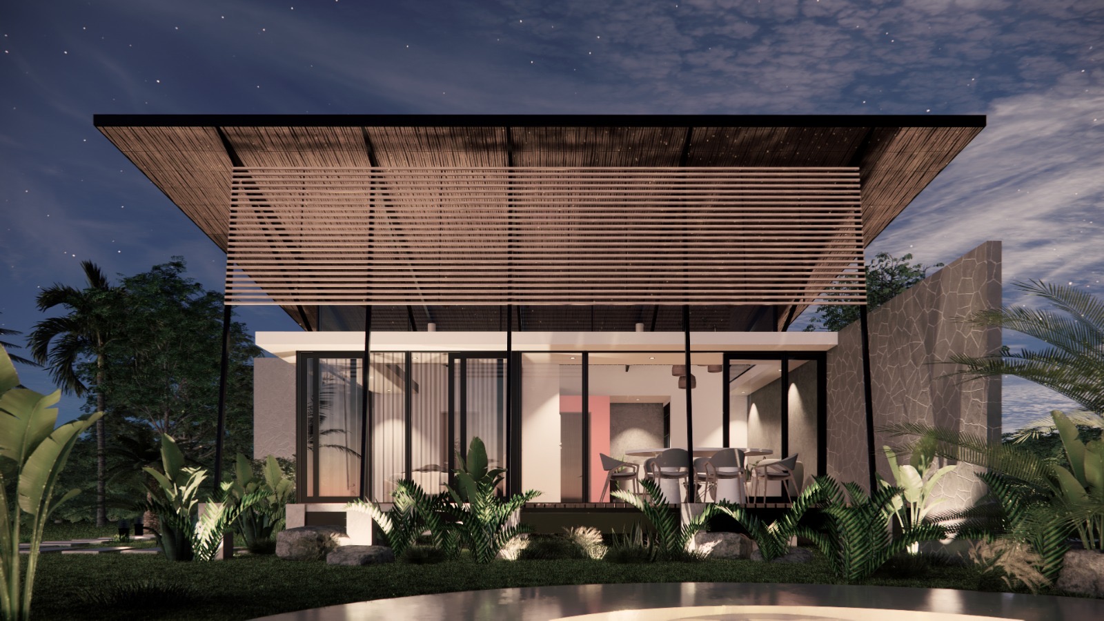 Concept rendering of Ave de Fuego — modern architectural villa at night