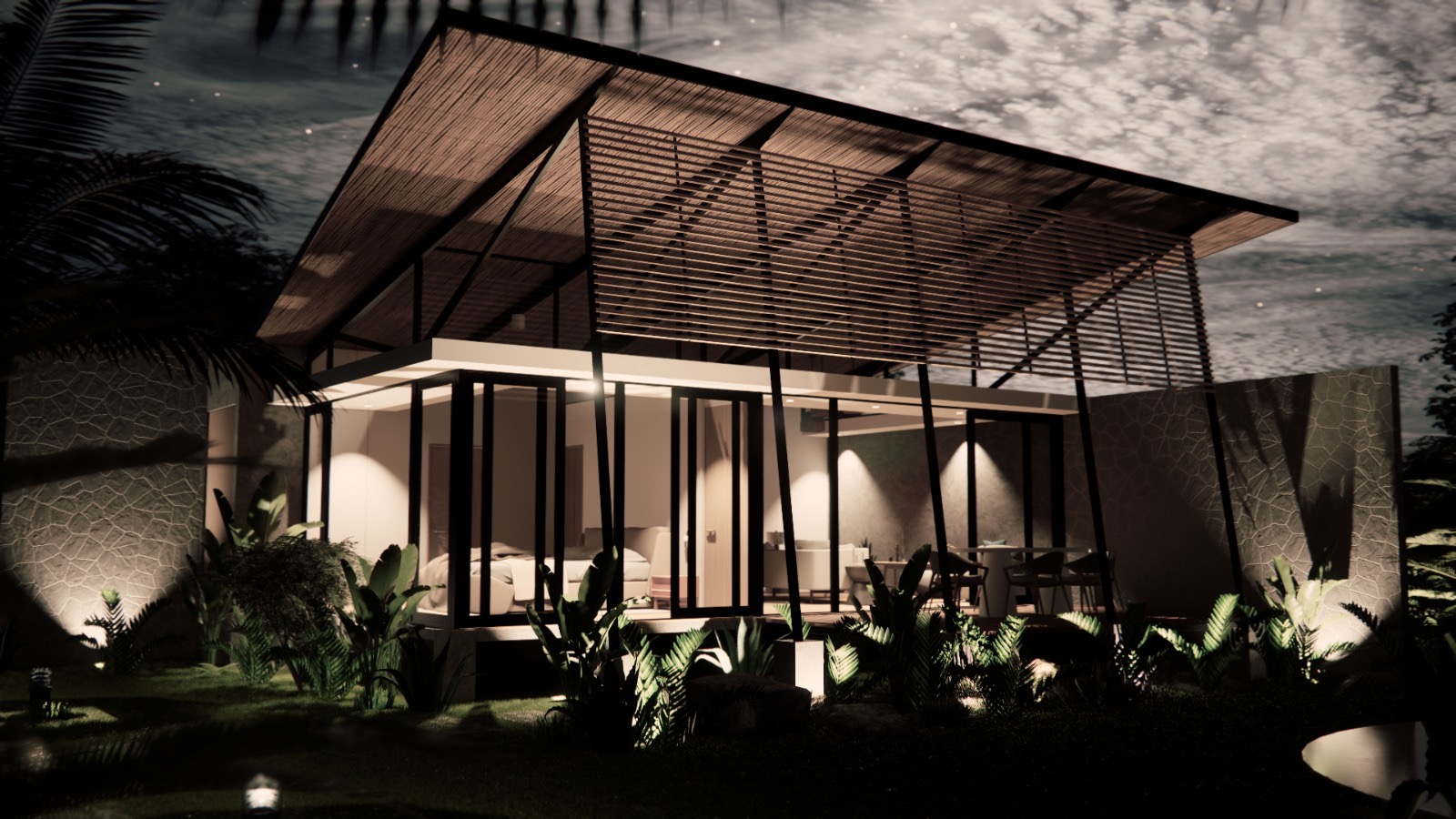Concept rendering of the stay — queen bedroom and living area behind floor-to-ceiling glass, warm wood ceiling, and tropical landscaping at night